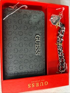 GUESS Black Logo Zip Wallet with Silver Chain Strap